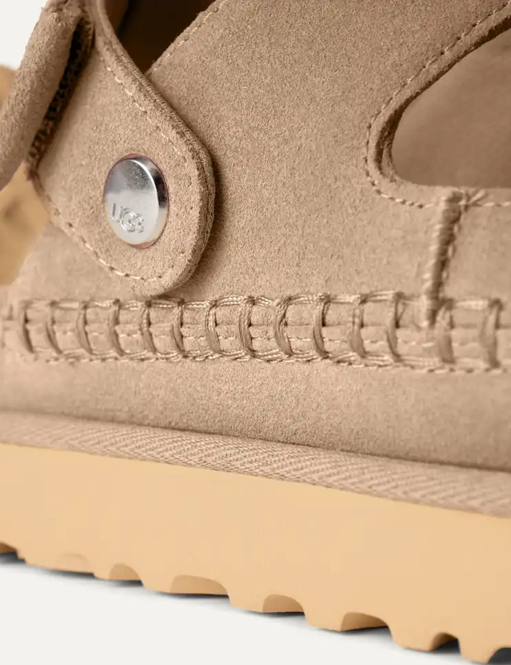 UGG Goldenstar Glide sandal suede sand logo view