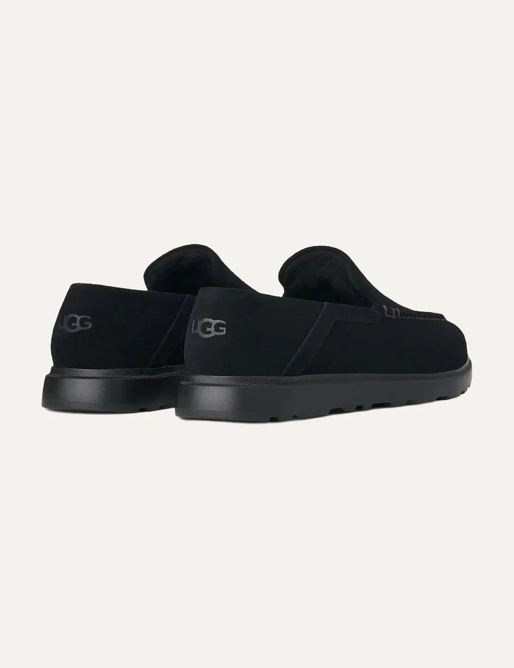 UGG men black suede loafers with moc toe stitching back