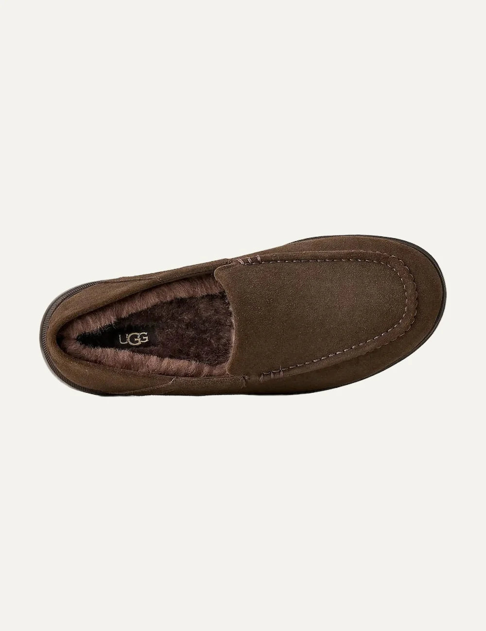 UGG men dark brown suede loafers with moc toe stitching top