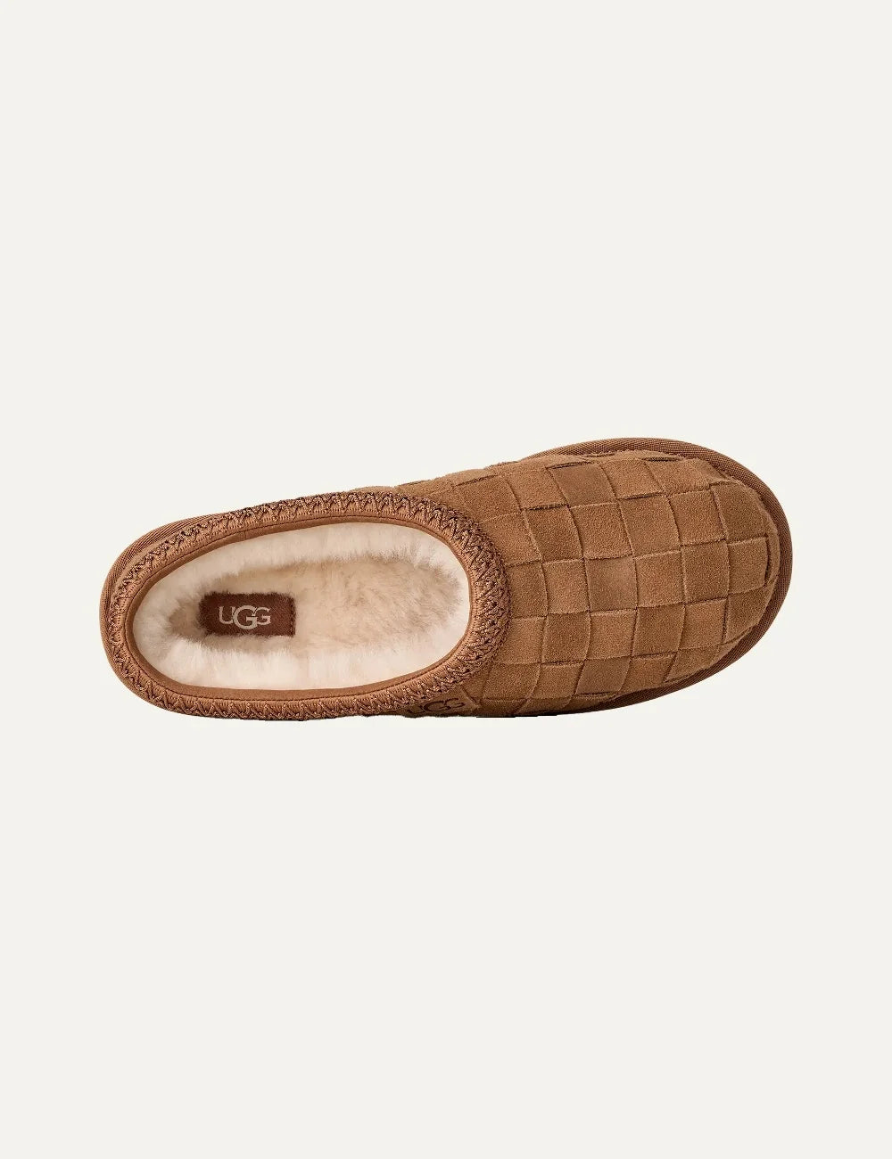 Unisex UGG Tasman Woven Chestnut suede slippers with hand-woven upper, UGGbraid collar and sheepskin lining top