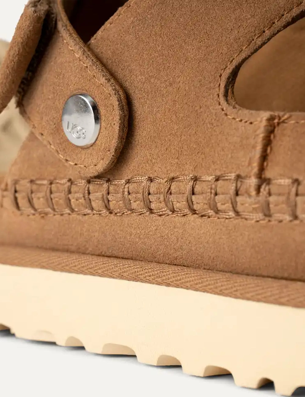 UGG suede sandal chestnut logo view with adjustable heel strap