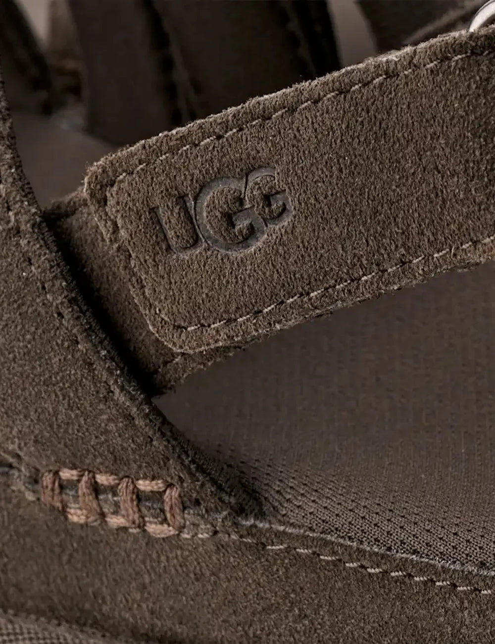 UGG suede sandals in dark brown with adjustable velcro straps detail view