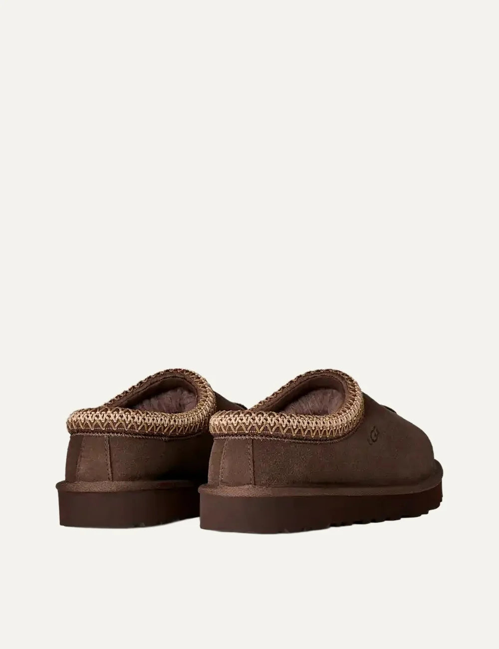 UGG Tasman II dark brown suede slippers with beige woven collar trim, sheepskin lining and chunky brown sole back