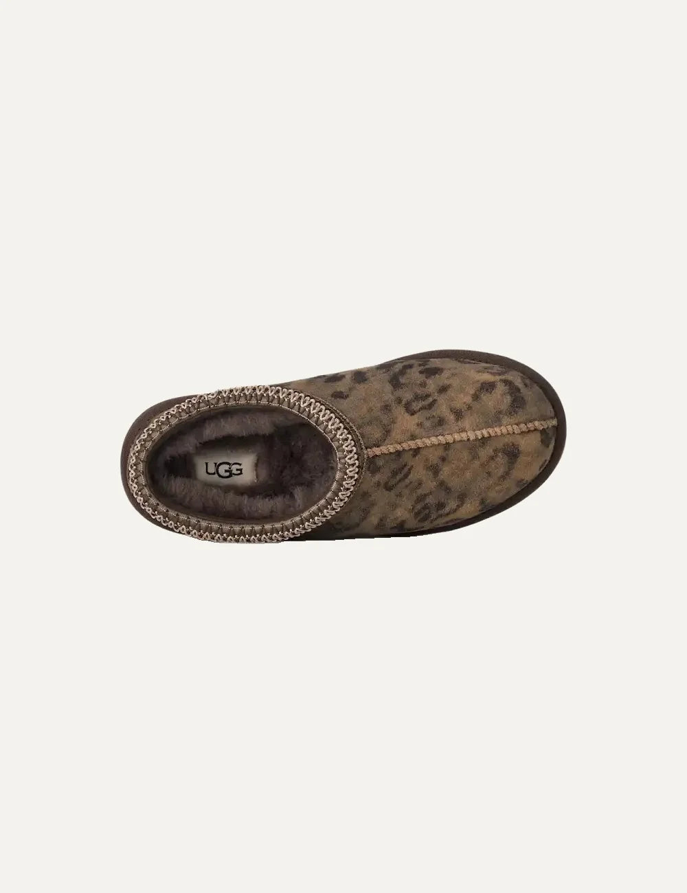 Unisex UGG Tasman Spotted brown suede shoes with distressed animal print, UGGbraid trim, sheepskin lining and Sugarcane EVA footbed top