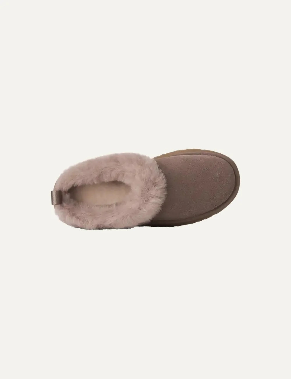 Unisex UGG Tazzelle pink beige suede platform shoes with plush sheepskin collar, sheepskin lining and Sugarcane EVA outsole top