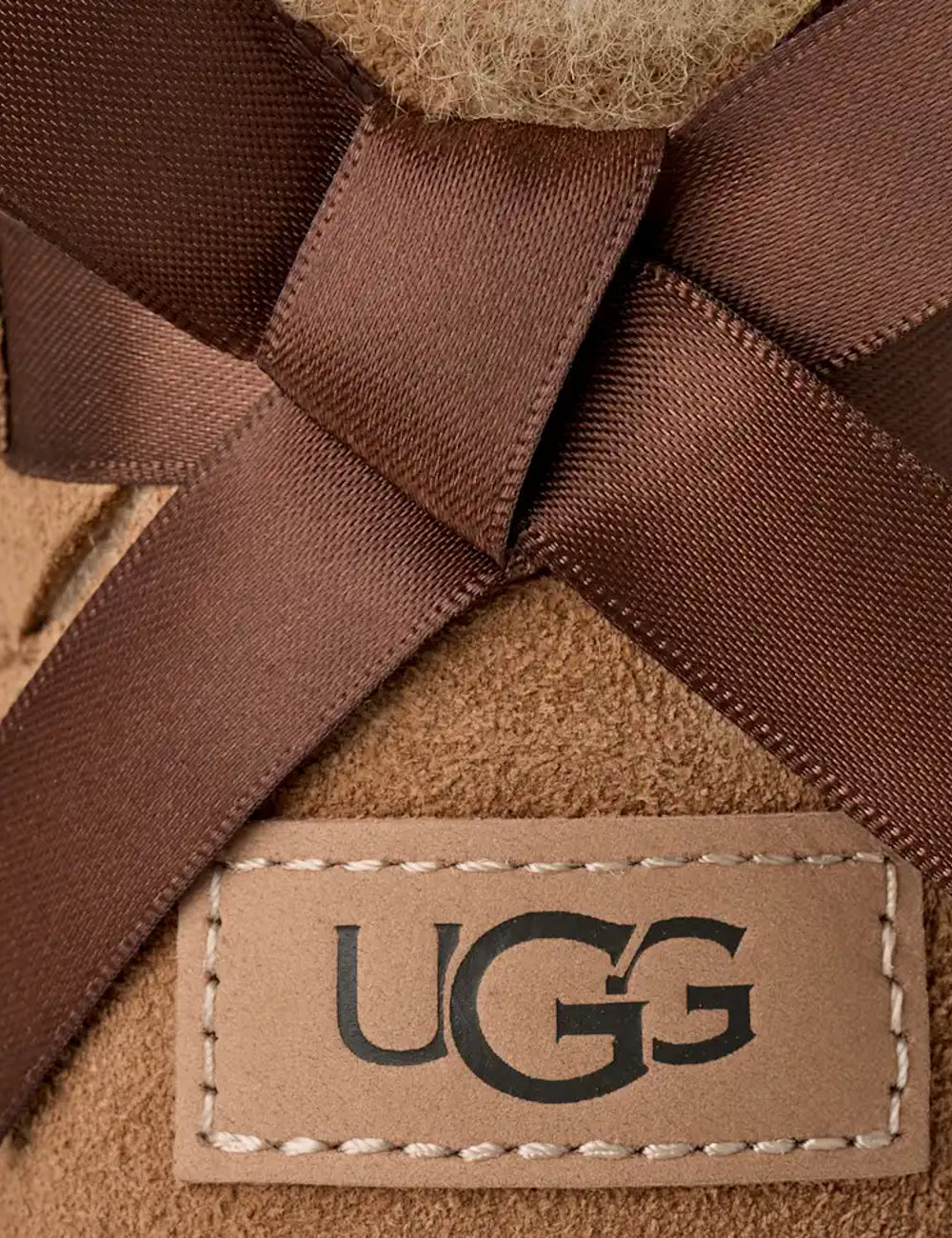 Women's UGG Bailey Bow Ultra Mini Chestnut boots with Twinface sheepskin, satin back bow and Sugarcane EVA sole detail