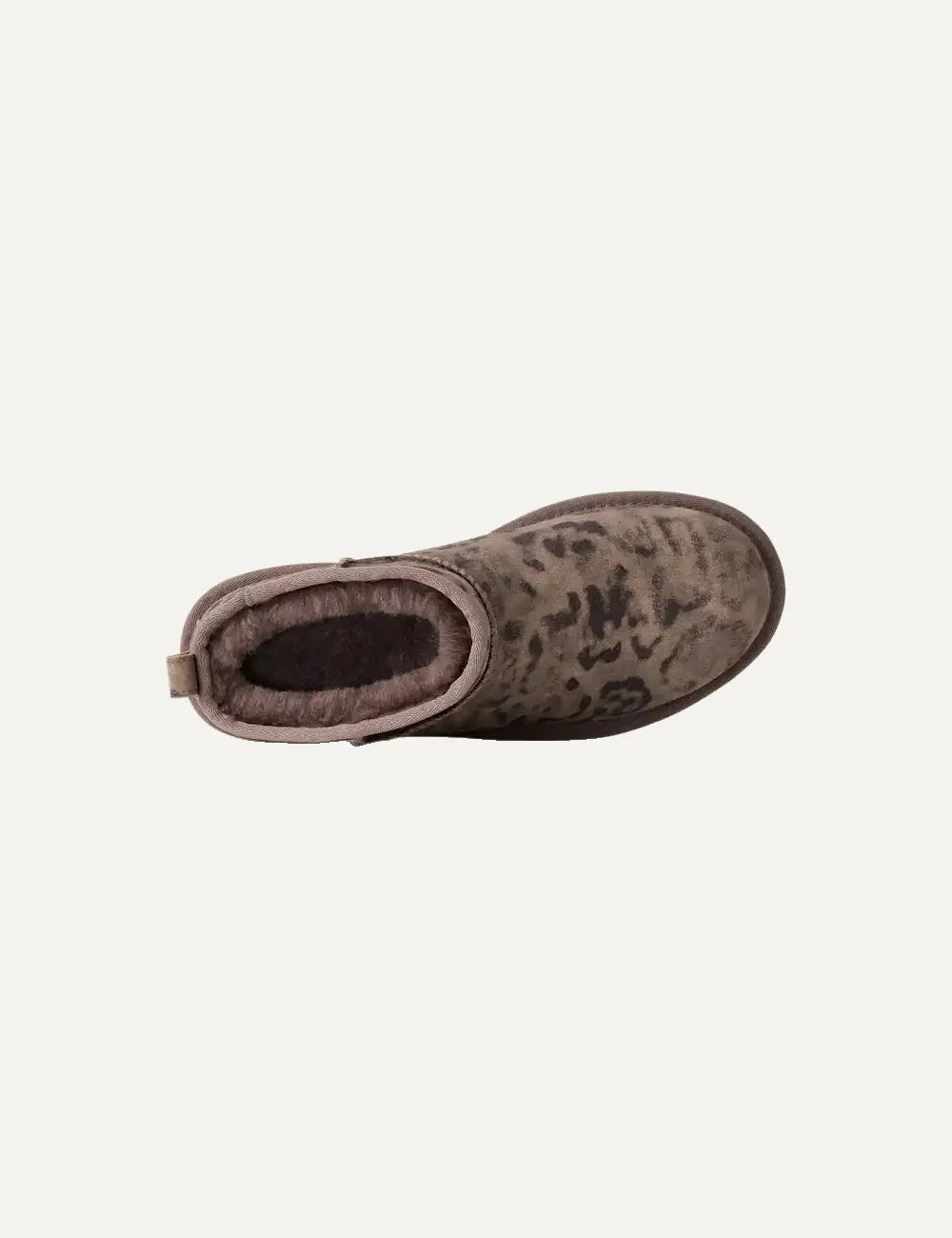Women's UGG Classic Ultra Mini Spotted brown suede boots with distressed animal print, UGGplush lining and Sugarcane EVA outsole top