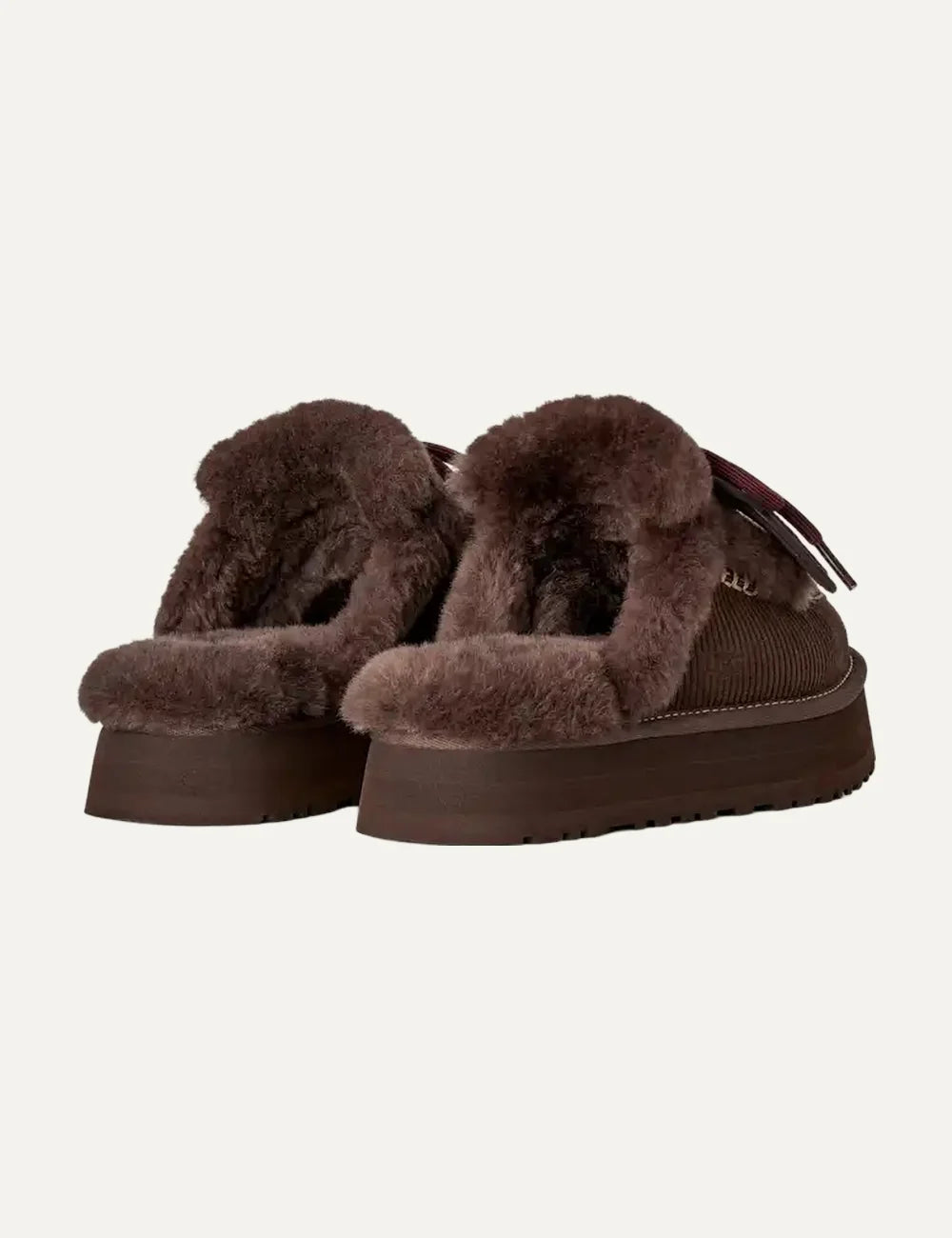 UGG Women’s Dark Brown Suede Disquette Heritage Platform Slippers with Sheepskin Trim back