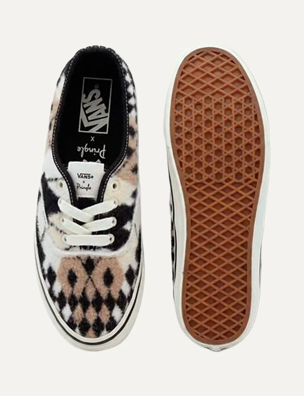 Vans LX Authentic 44 x Pringle of Scotland women's sneakers in black, cream and brown, featuring a brushed wool diamond pattern upper, lace-up fastening and rubber waffle sole pair top and sole details