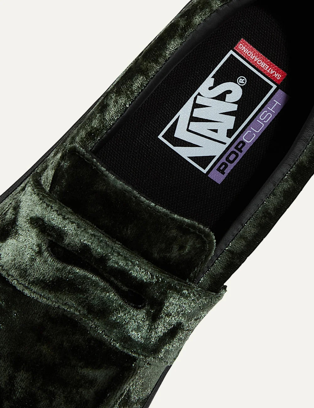 Vans Skate Loafer men's dark green velvet-effect slip-on sneakers with classic loafer strap, low-profile silhouette and black rubber sole top view details