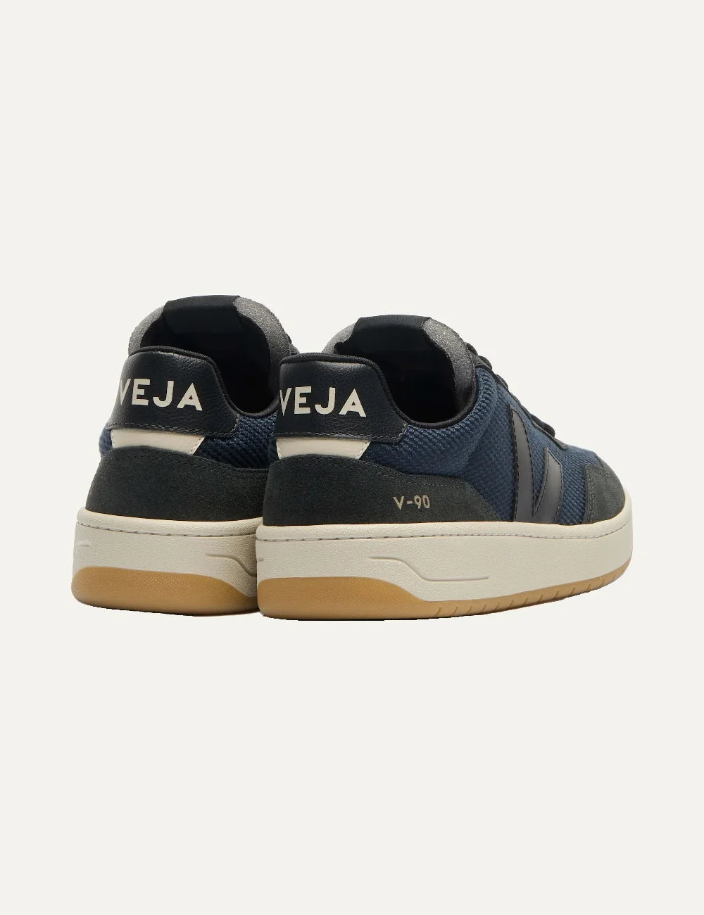VEJA women's V-90 dark blue mesh sneakers with black suede panels, tonal V logo and cream gum rubber sole back