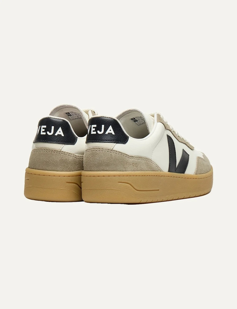 VEJA women's V-90 ecru leather sneakers with beige suede panels, black V logo and caramel rubber sole back