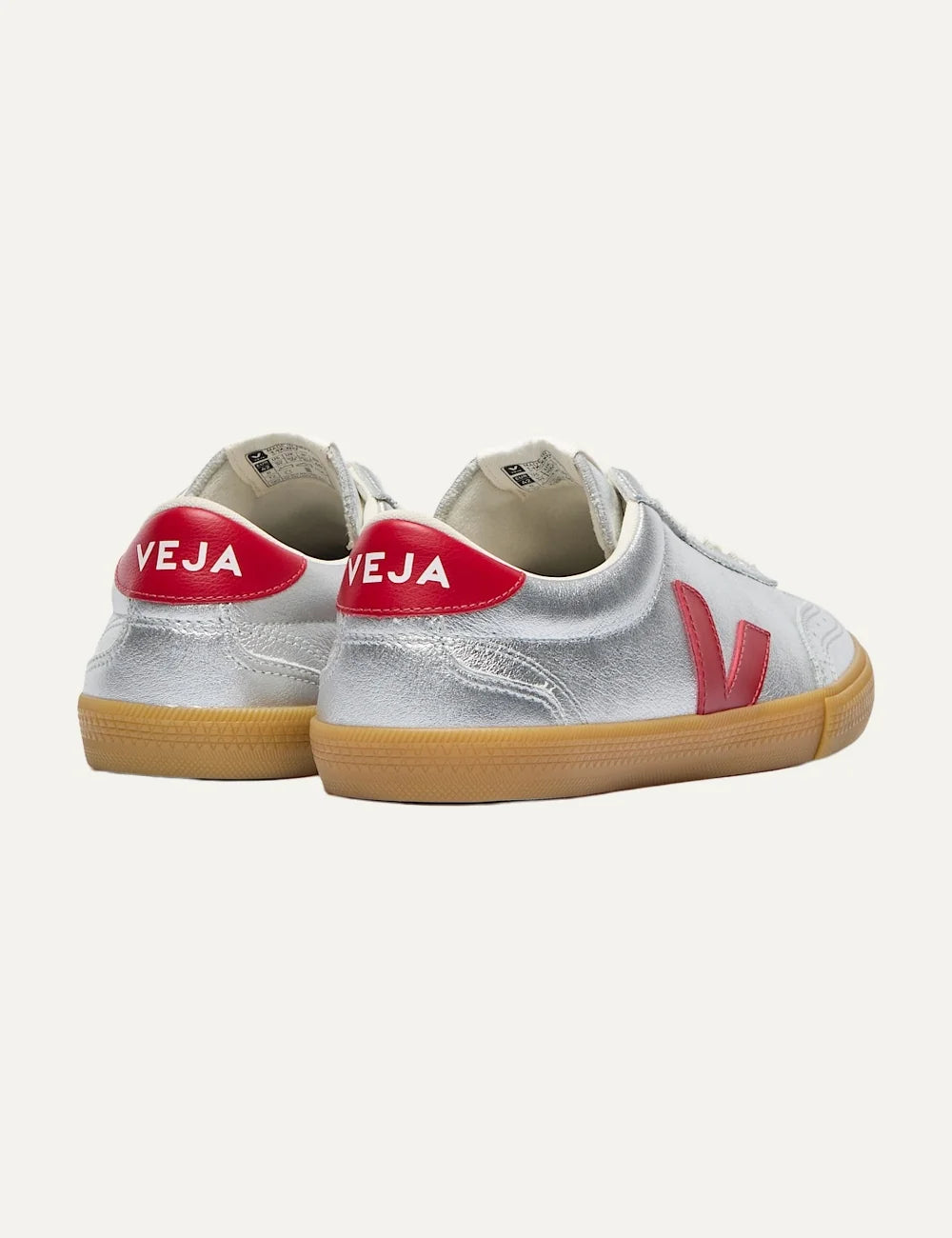 VEJA women's Volley silver metallic leather sneakers with red V logo and gum sole back