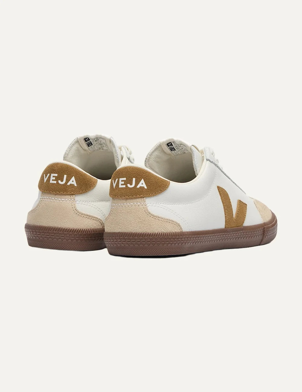 VEJA women's Volley white leather and beige suede sneakers with brown V logo and rubber sole back