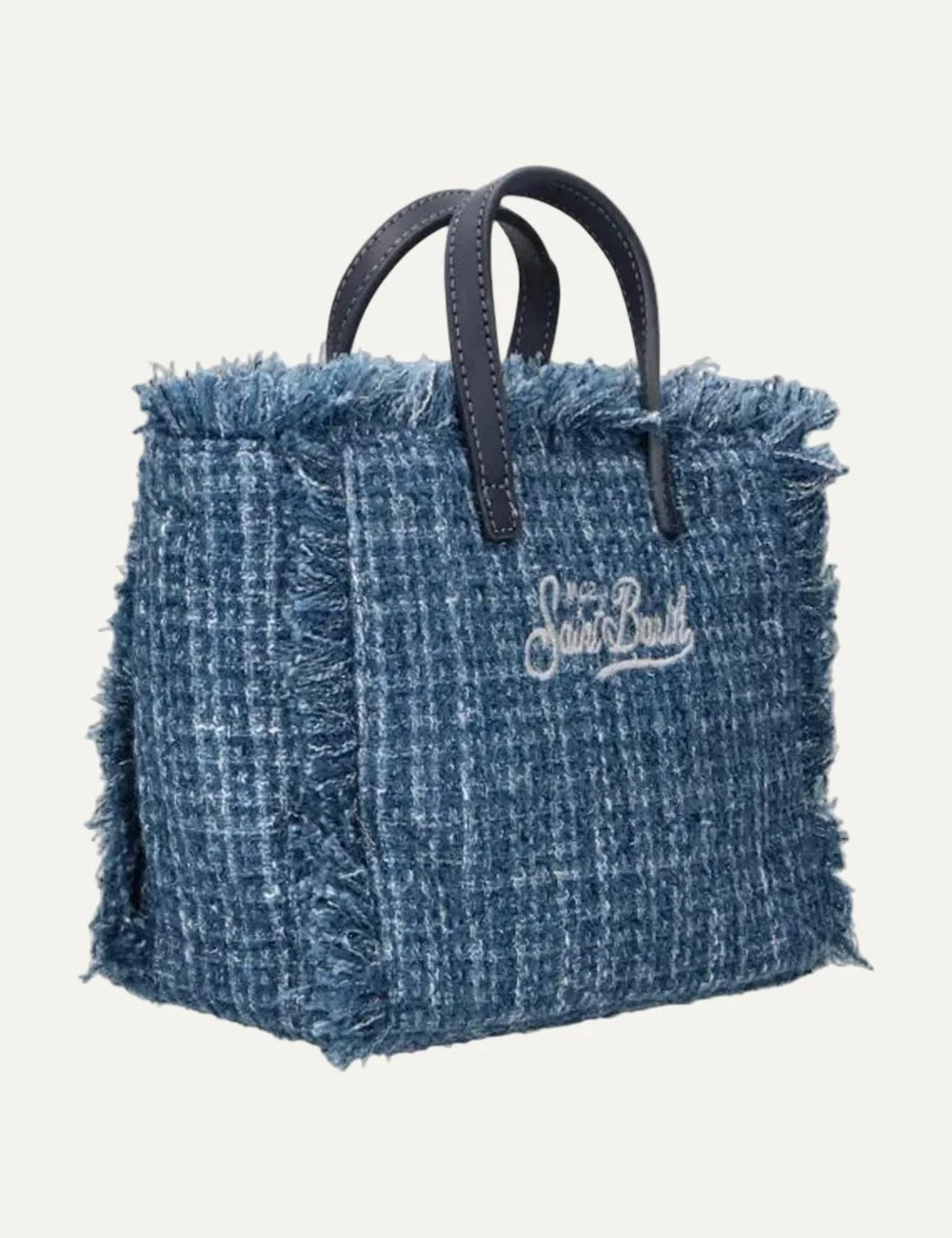 Women's MC2 Saint Barth blue tweed mini bag with fringed edges, front logo, top handles and adjustable detachable shoulder strap back view