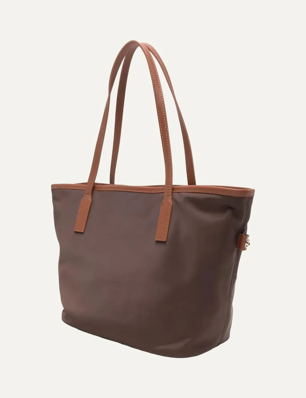 Women's MC2 Saint Barth brown nylon tote bag with tan handles, embroidered front logo and zip closure back view