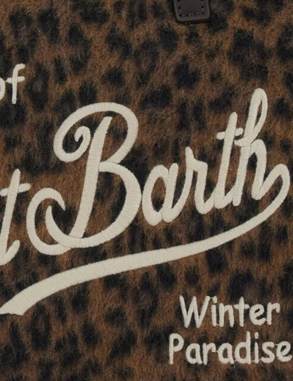 Women's MC2 Saint Barth Colette brown leopard print bag with fringed edges, embroidered logo, top handles and removable shoulder strap close up details