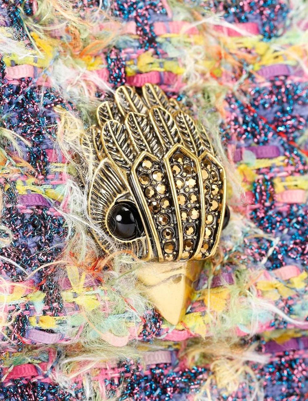 Kurt Geiger eagle head clasp detail on multicolor tweed Kensington bag