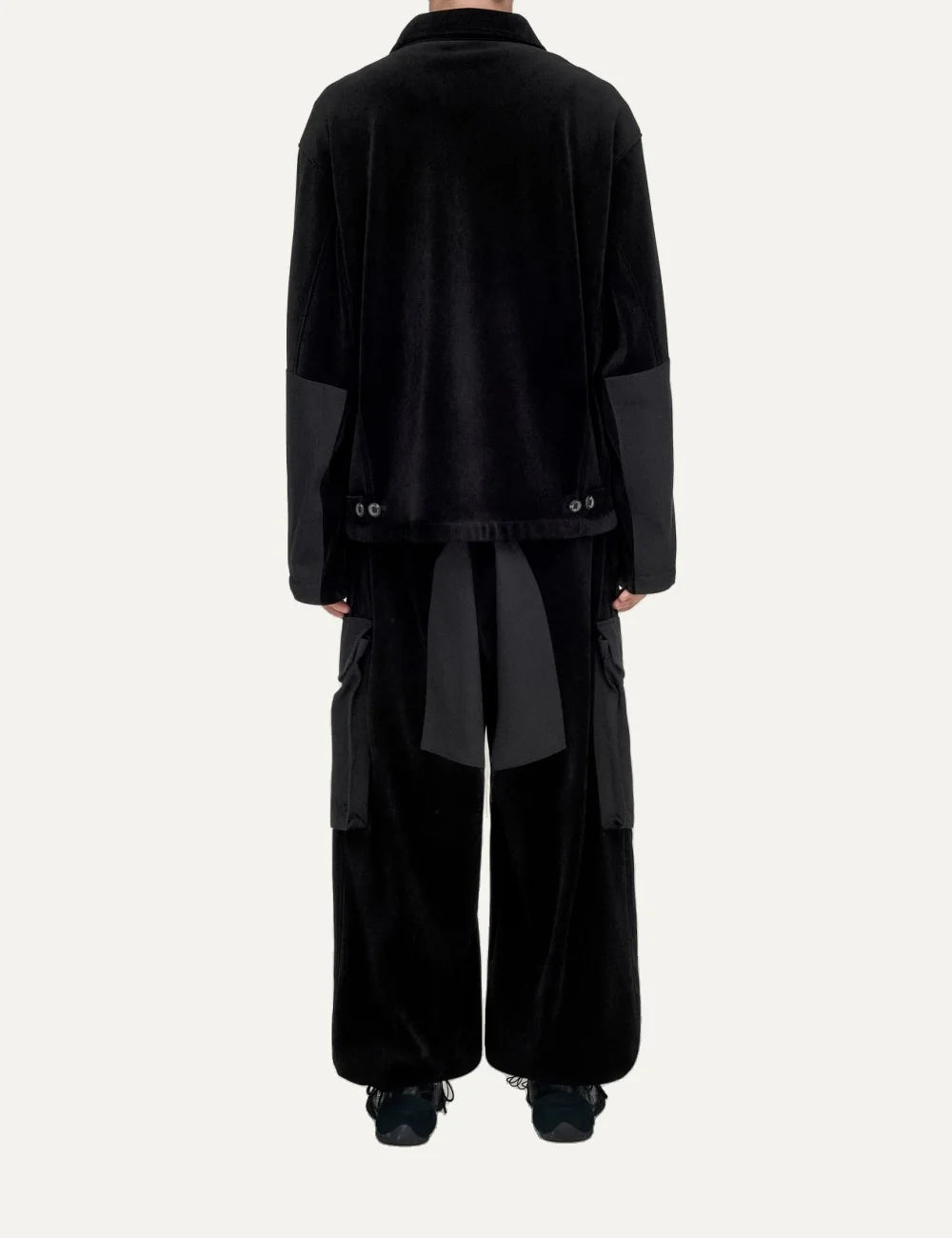 Unisex Y-3 black oversized corduroy utility blouson with button closure, multiple flap pockets, shirt collar and heat-transfer Y-3 logo back