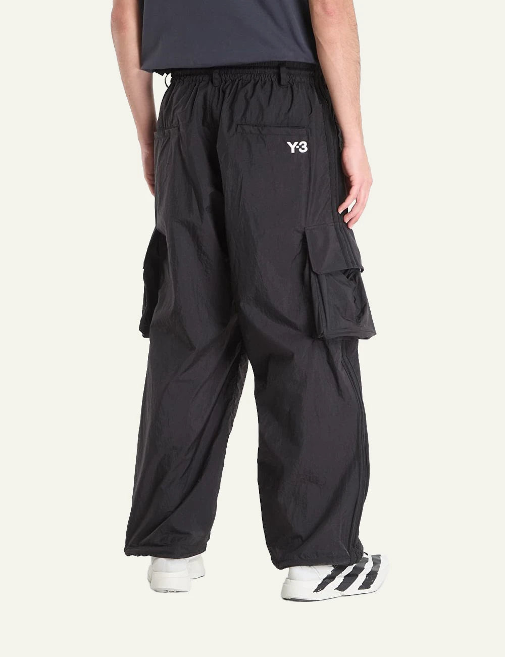 Y-3 black wide cargo pants drawstring waist back view
