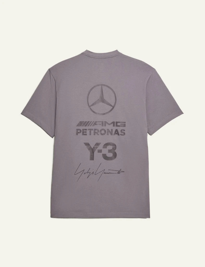 Y-3 Mercedes Logo Stack tee grey short sleeve crewneck back flat view