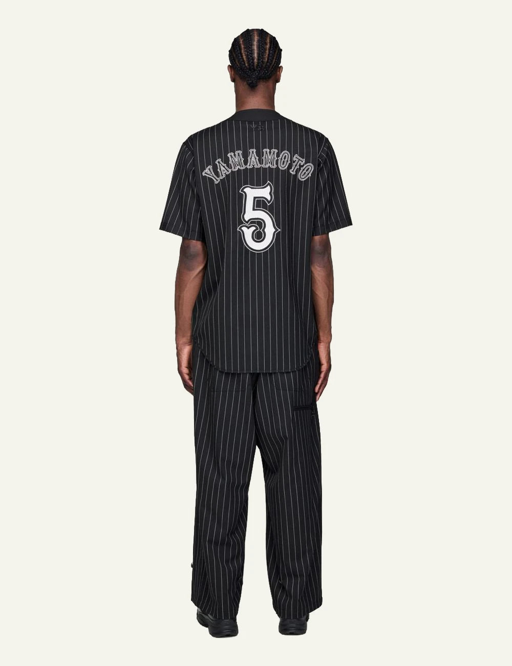 Y-3 pinstripe baseball jersey black short sleeve zip back view