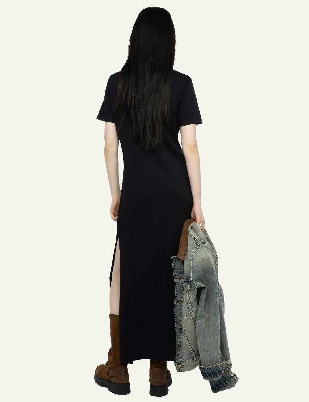 Zadig Voltaire black maxi dress cotton pleated side wings brooch back