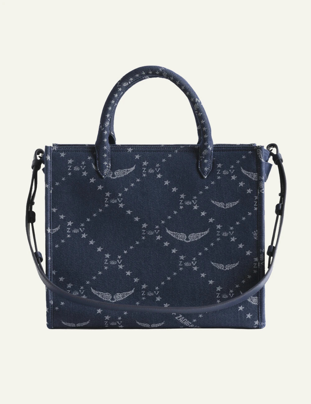 Zadig Voltaire denim tote ZV monogram Voltaire Paris embroidery back view