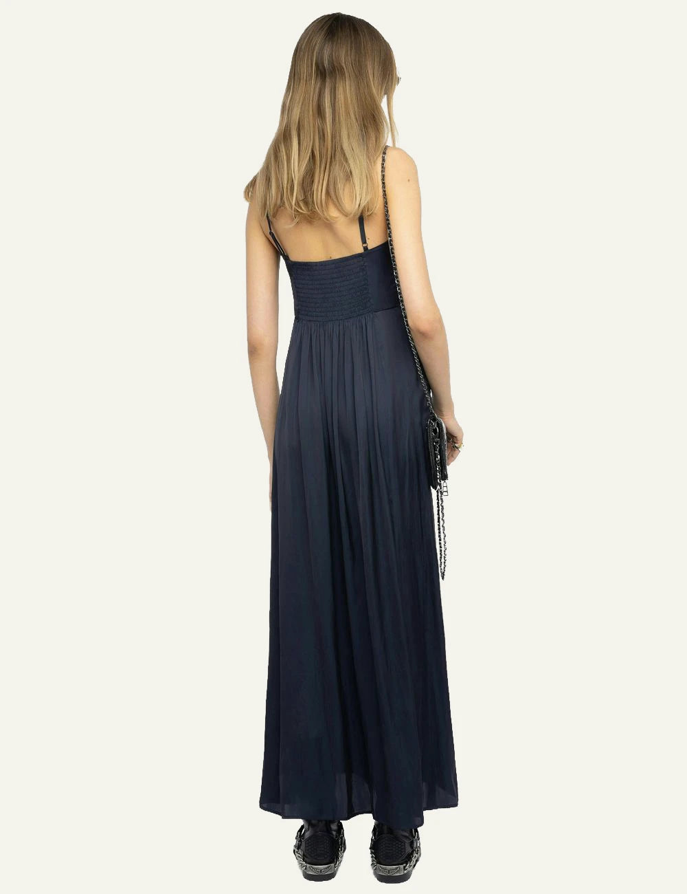 Zadig Voltaire satin maxi dress encre pleated bustier straps back