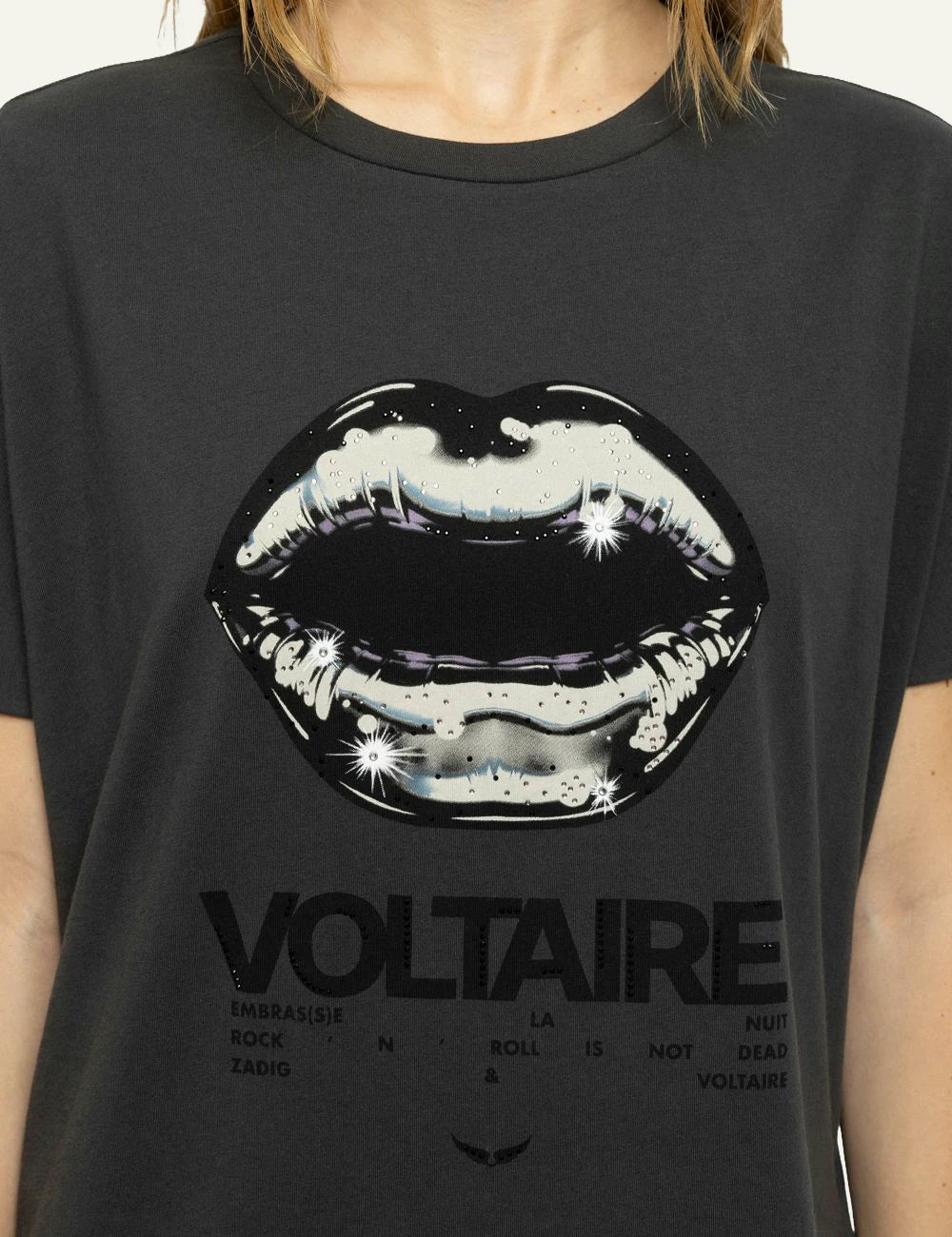 Zadig & Voltaire women's charcoal cotton T-shirt with lips print and rhinestones close up stamp detail