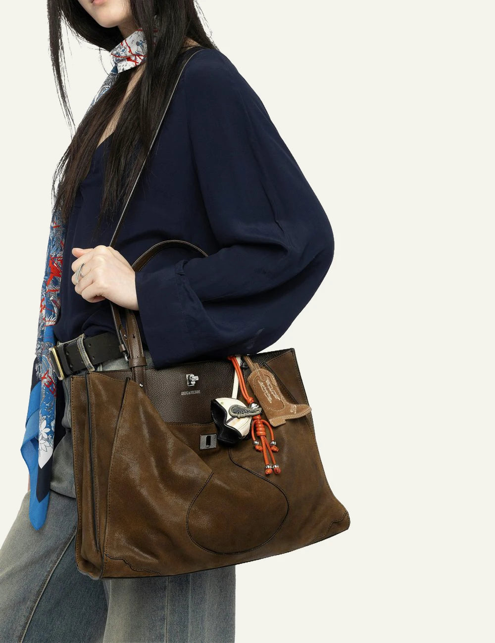 Zadig & Voltaire women's dark brown suede leather handbag worn by model