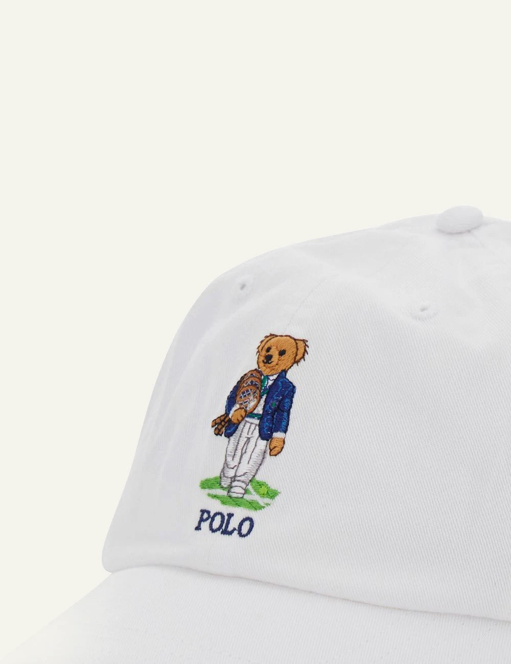 Polo Ralph Lauren white baseball cap bear logo embroidered front detail view
