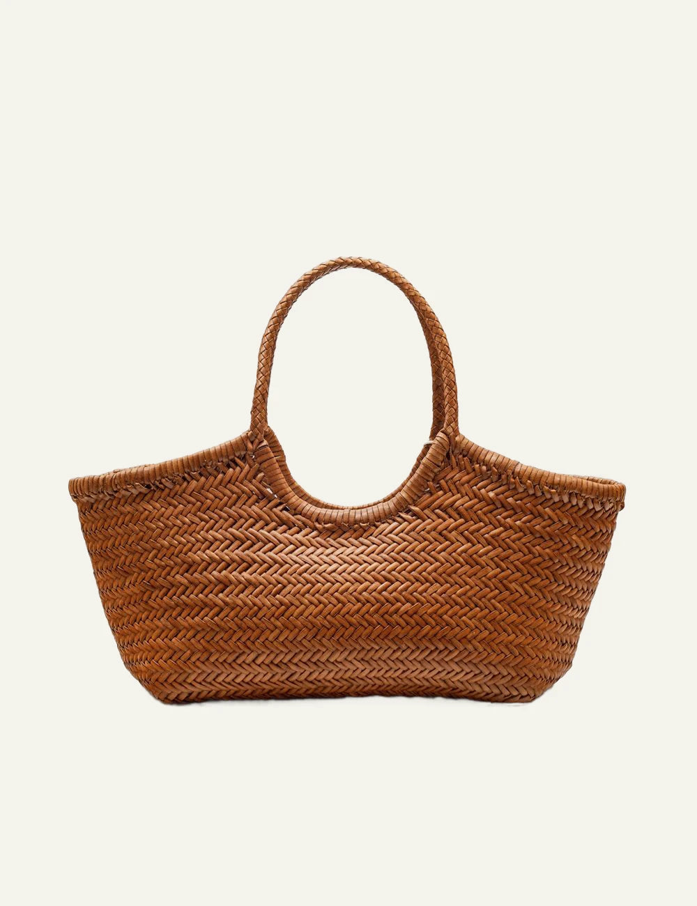 Dragon Diffusion woven leather tote bag in tan with braided handles front view
