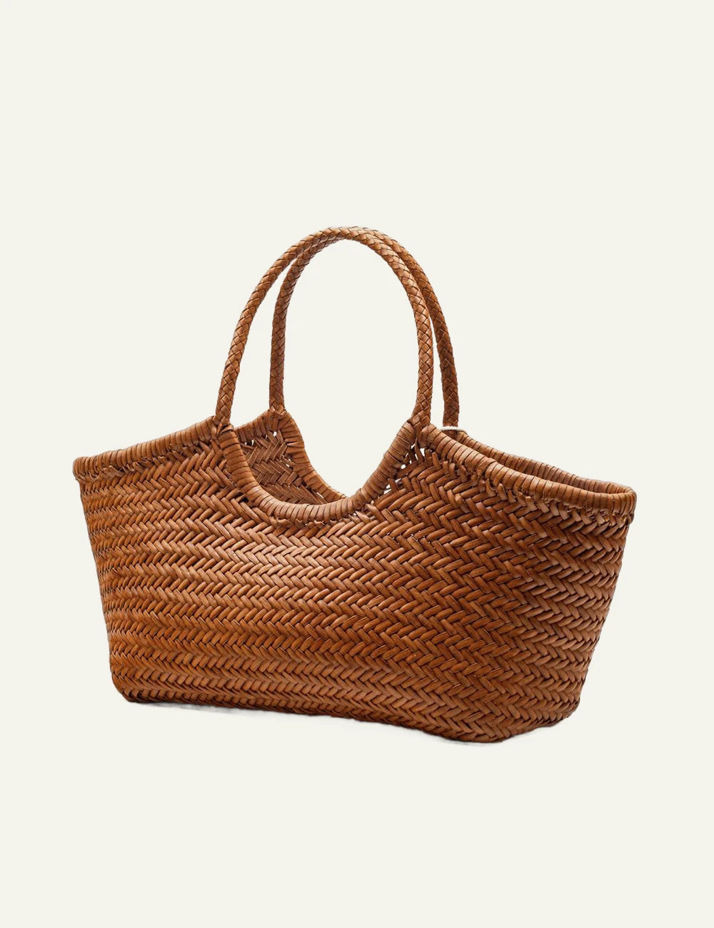 Dragon Diffusion woven leather tote bag in tan with braided handles side view