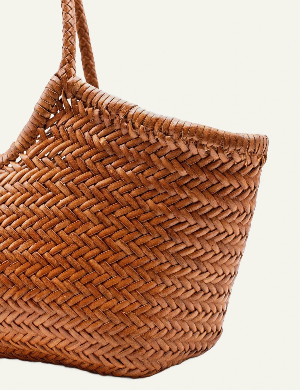 Dragon Diffusion woven leather tote bag in tan with braided handles close up details