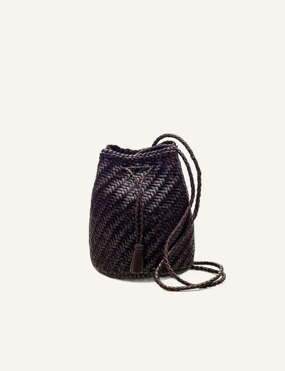 Dragon Diffusion woven leather bucket bag dark brown front view