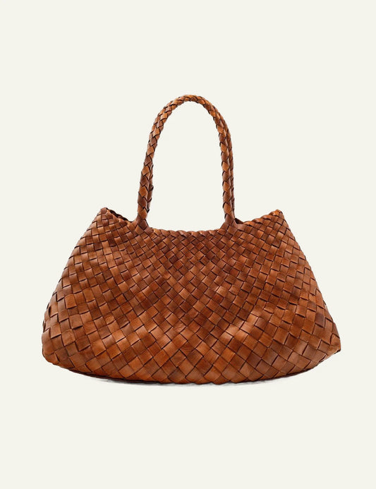 Dragon Diffusion Santa Croce woven leather shoulder bag in tan front view