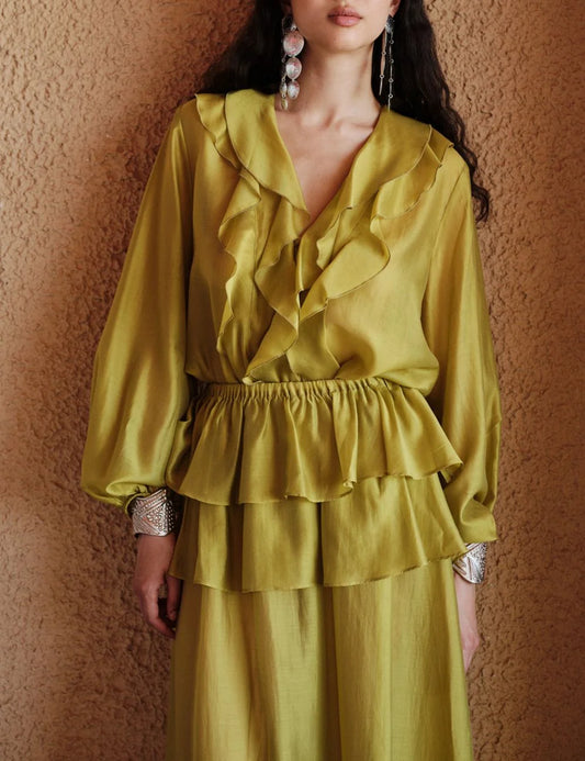 Devotion ruffled maxi skirt green front worn