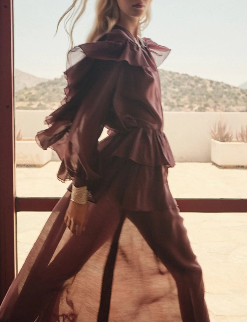 Devotion brown maxi skirt model walking seaside