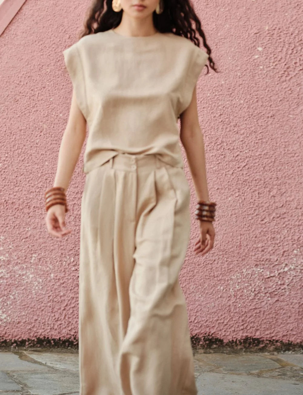 Devotion beige set model walking front full body