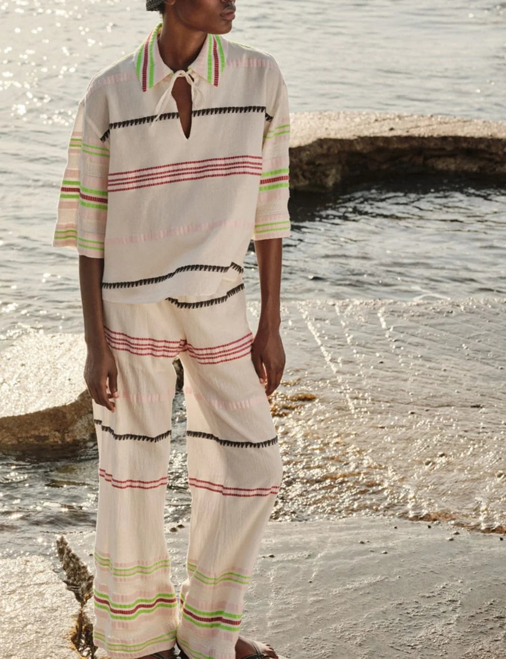 Lightweight cotton striped set beach look full body