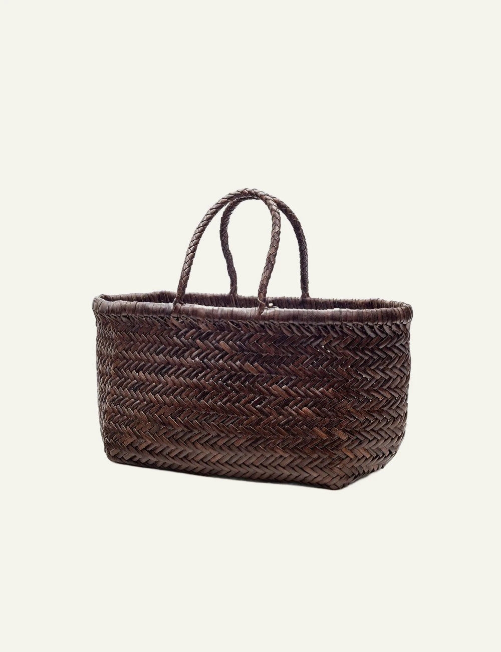 Dragon Diffusion woven leather basket bag in dark brown with chevron weave side view