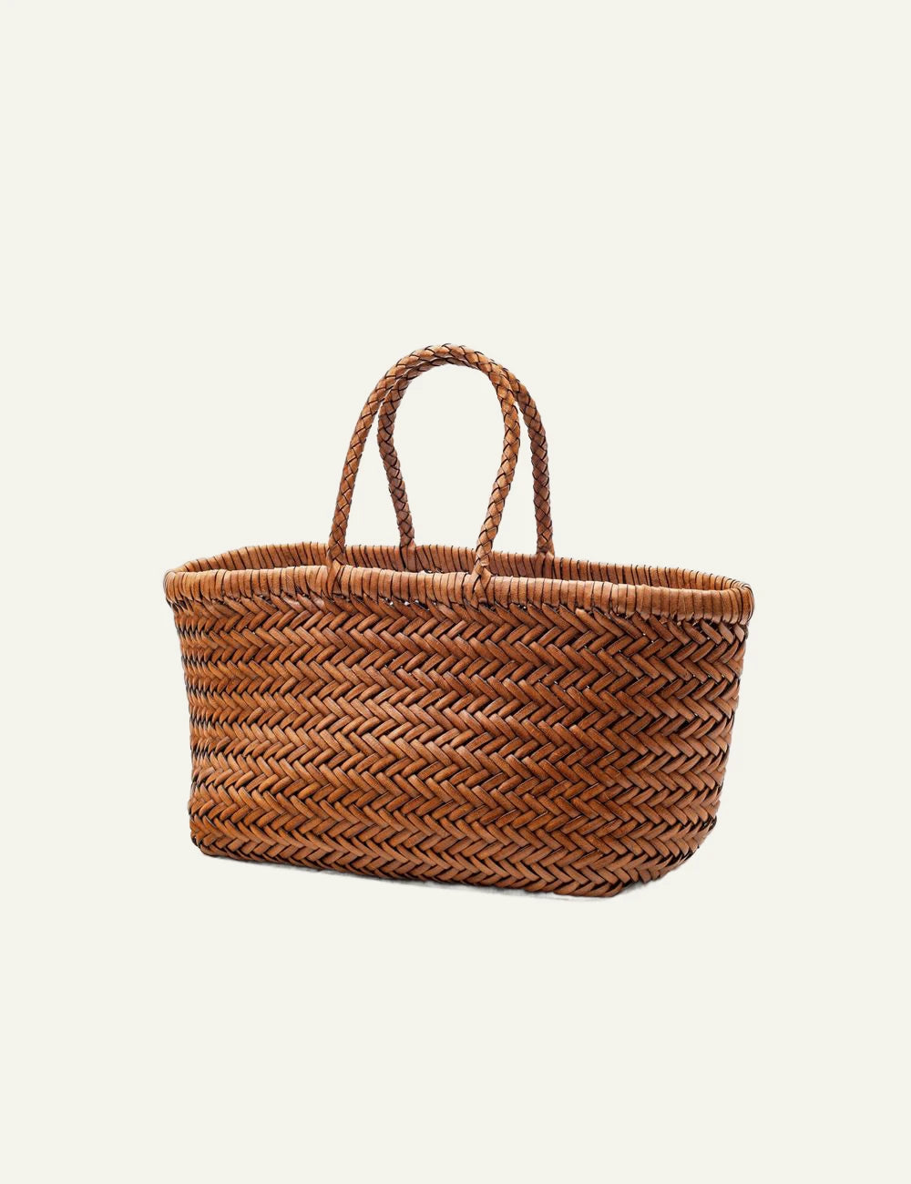 Dragon Diffusion woven leather basket bag in tan with chevron weave side view