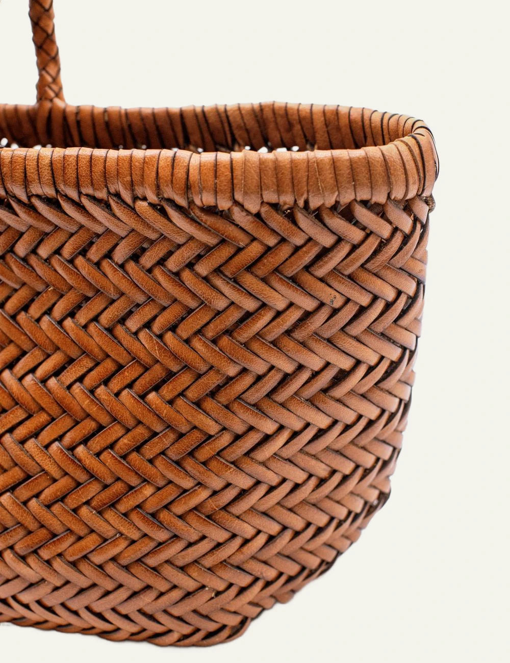 Dragon Diffusion woven leather basket bag in tan with chevron weave close up details