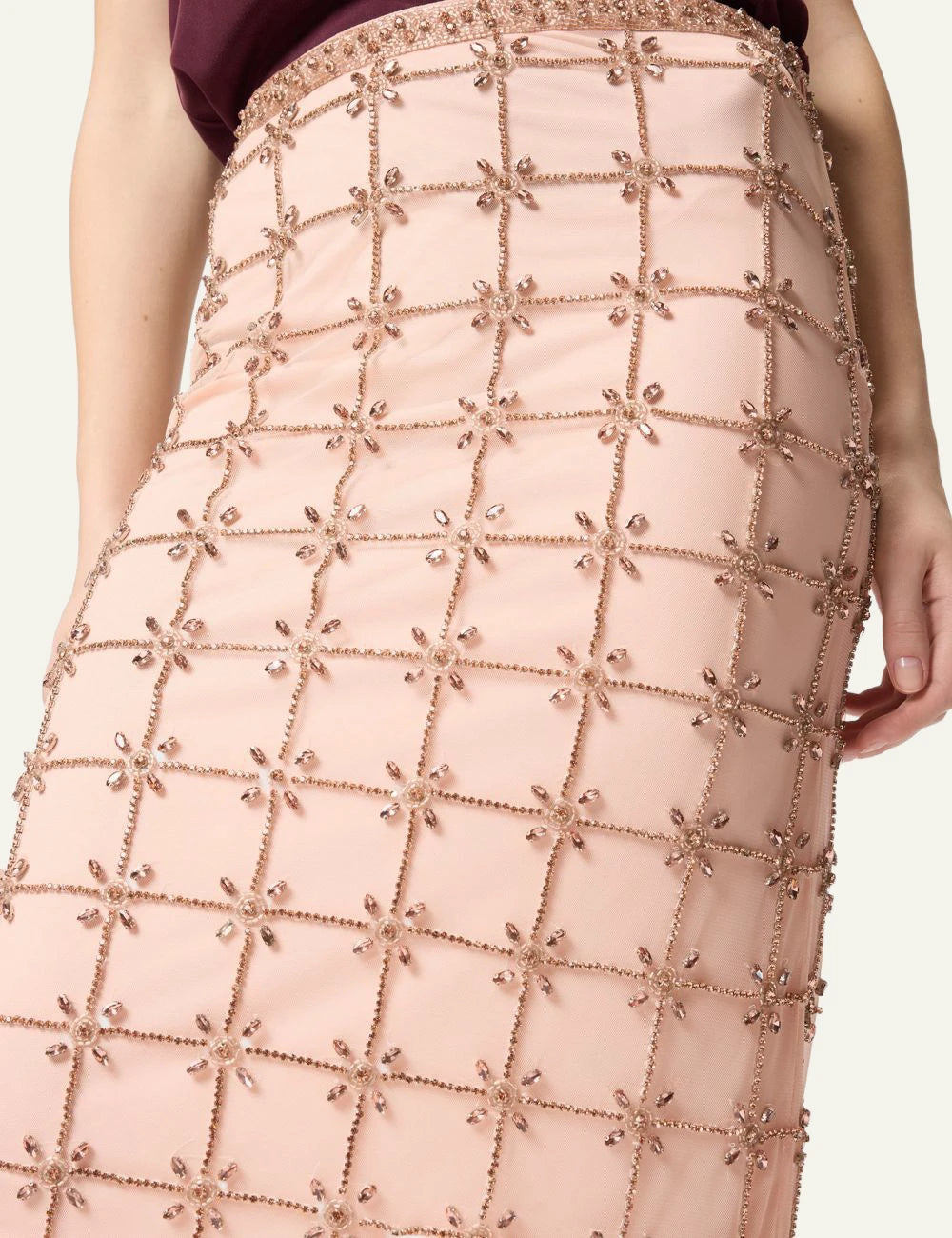 Pinko tulle skirt beige embroidered crystals beads midi front detail view