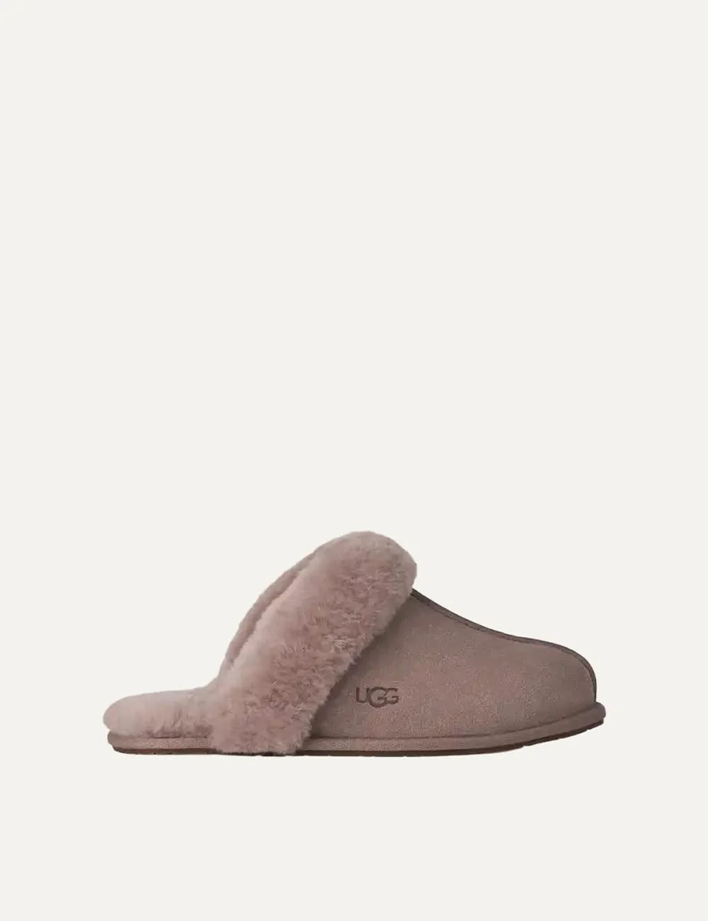 UGG Women’s Taupe Suede Slippers with Sheepskin Trim
