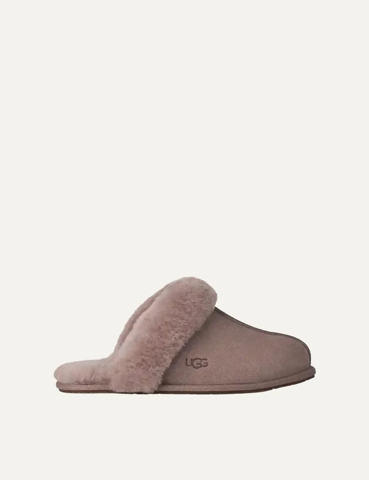 UGG Women’s Taupe Suede Slippers with Sheepskin Trim