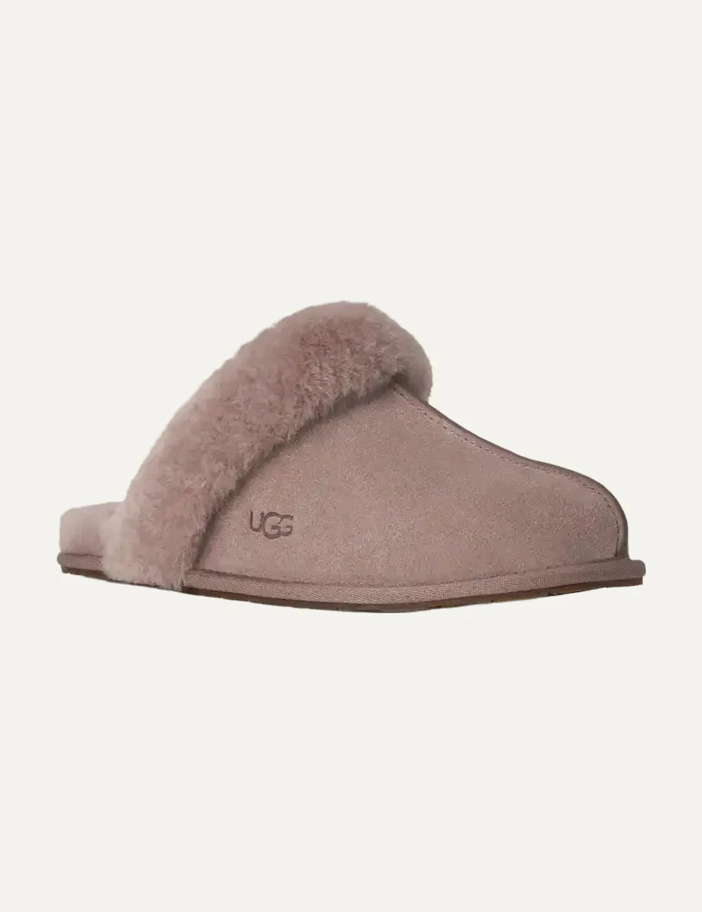UGG Women’s Taupe Suede Slippers with Sheepskin Trim angled