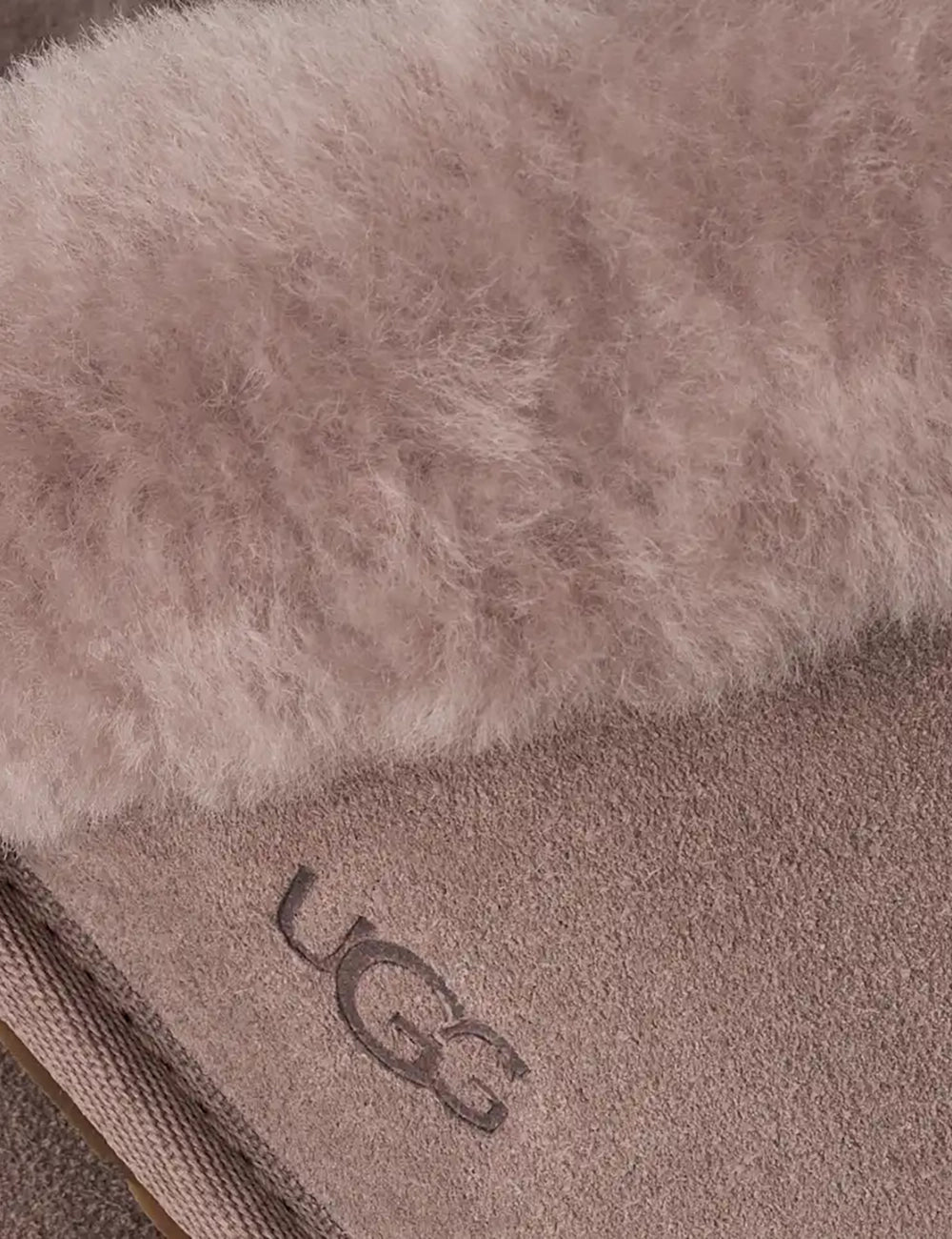 UGG Women’s Taupe Suede Slippers with Sheepskin Trim detail