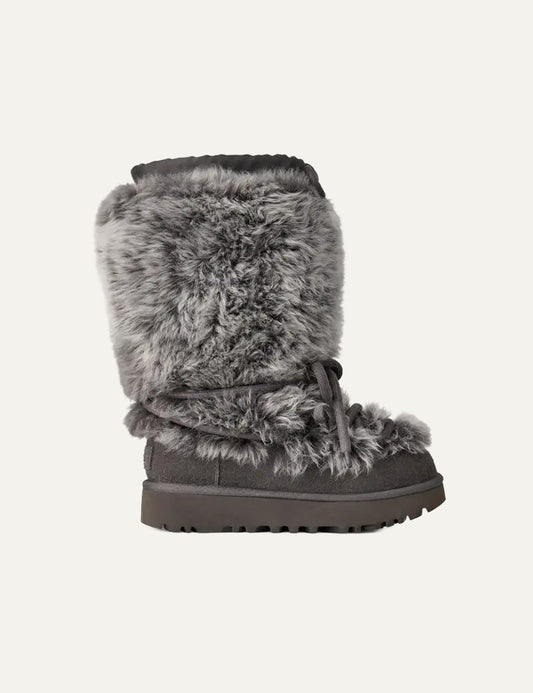 UGG Classic Tall Chalet γυναικείες μπότες grey fluffy side view